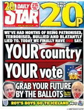 Daily Star () Newspaper Front Page for 23 June 2016