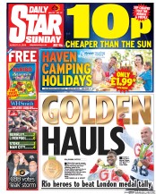 Daily Star Sunday () Newspaper Front Page for 21 August 2016