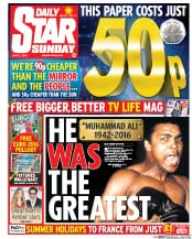 Daily Star Sunday () Newspaper Front Page for 5 June 2016