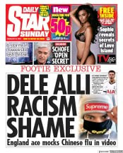 Daily Star Sunday () Newspaper Front Page for 9 February 2020