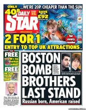 Daily Star Sunday () Newspaper Front Page for 20 April 2013