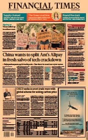 Financial Times () Newspaper Front Page for 14 September 2021