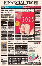 Financial Times () Newspaper Front Page for 3 January 2023