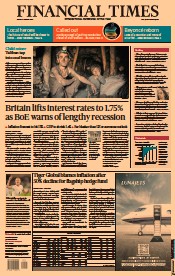 Financial Times () Newspaper Front Page for 5 August 2022