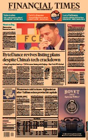 Financial Times () Newspaper Front Page for 9 August 2021