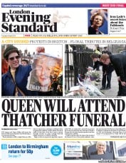 London Evening Standard () Newspaper Front Page for 10 April 2013