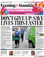 London Evening Standard () Newspaper Front Page for 10 April 2020