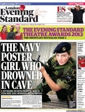 London Evening Standard () Newspaper Front Page for 11 November 2013