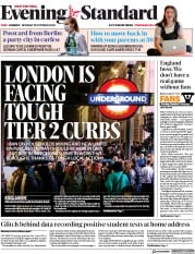 London Evening Standard () Newspaper Front Page for 13 October 2020