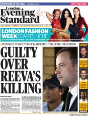 London Evening Standard () Newspaper Front Page for 13 September 2014