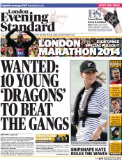 London Evening Standard () Newspaper Front Page for 14 April 2014