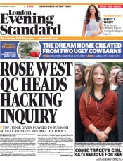London Evening Standard () Newspaper Front Page for 14 July 2011