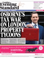 London Evening Standard () Newspaper Front Page for 17 March 2016