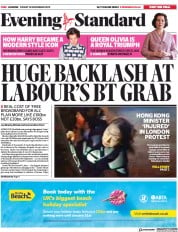 London Evening Standard () Newspaper Front Page for 18 November 2019