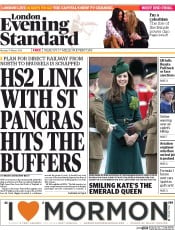 London Evening Standard () Newspaper Front Page for 18 March 2014