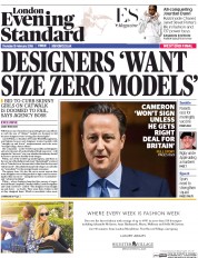 London Evening Standard () Newspaper Front Page for 19 February 2016