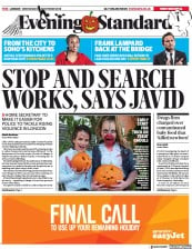 London Evening Standard () Newspaper Front Page for 1 November 2018
