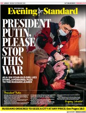 London Evening Standard () Newspaper Front Page for 1 March 2022