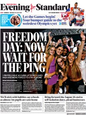 London Evening Standard () Newspaper Front Page for 20 July 2021