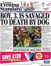 London Evening Standard () Newspaper Front Page for 20 August 2016