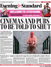 London Evening Standard () Newspaper Front Page for 21 March 2020