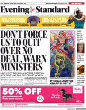 London Evening Standard () Newspaper Front Page for 24 January 2019