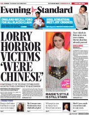 London Evening Standard () Newspaper Front Page for 25 October 2019