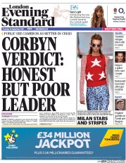 London Evening Standard () Newspaper Front Page for 25 September 2015