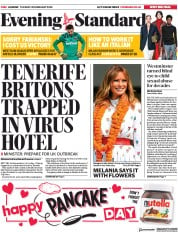 London Evening Standard () Newspaper Front Page for 26 February 2020