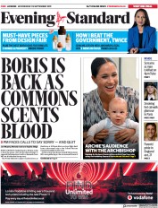 London Evening Standard () Newspaper Front Page for 26 September 2019