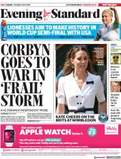 London Evening Standard () Newspaper Front Page for 3 July 2019