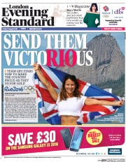 London Evening Standard () Newspaper Front Page for 6 August 2016