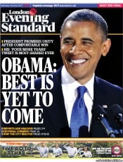 London Evening Standard () Newspaper Front Page for 8 November 2012