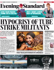 London Evening Standard () Newspaper Front Page for 8 November 2018