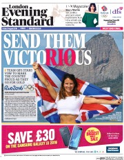 London Evening Standard () Newspaper Front Page for 8 August 2016
