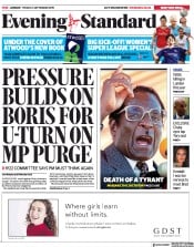 London Evening Standard () Newspaper Front Page for 9 September 2019