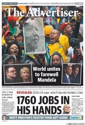 The Advertiser (Australia) Newspaper Front Page for 11 December 2013