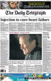 The Daily Telegraph () Newspaper Front Page for 12 August 2014
