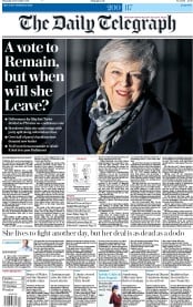 The Daily Telegraph () Newspaper Front Page for 13 December 2018