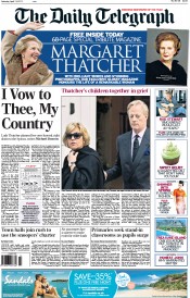 The Daily Telegraph () Newspaper Front Page for 13 April 2013