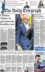 The Daily Telegraph () Newspaper Front Page for 13 September 2016