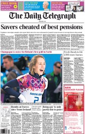 The Daily Telegraph () Newspaper Front Page for 14 February 2014