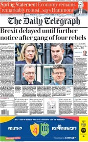 The Daily Telegraph () Newspaper Front Page for 14 March 2019