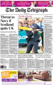 The Daily Telegraph () Newspaper Front Page for 15 April 2014