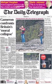 The Daily Telegraph () Newspaper Front Page for 15 August 2011
