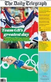 The Daily Telegraph () Newspaper Front Page for 15 August 2016