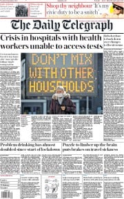 The Daily Telegraph () Newspaper Front Page for 15 September 2020