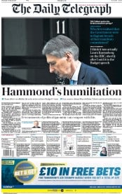 The Daily Telegraph () Newspaper Front Page for 16 March 2017