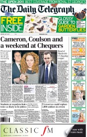 The Daily Telegraph () Newspaper Front Page for 16 July 2011