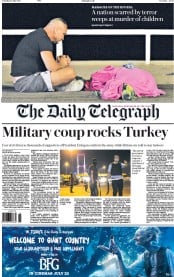 The Daily Telegraph () Newspaper Front Page for 16 July 2016